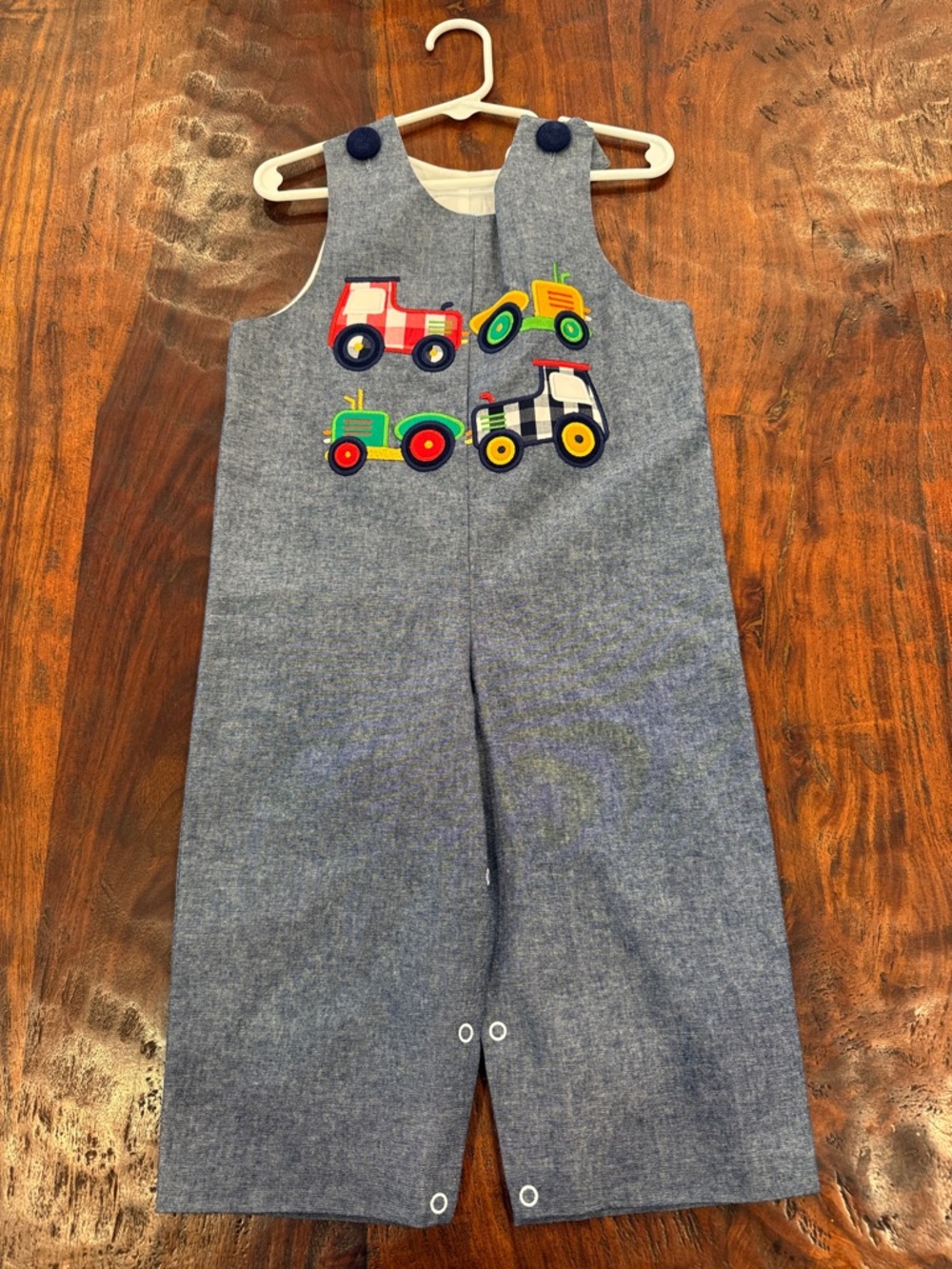 Blue Chambray Kids One-Piece Romper with Tractor Appliqués